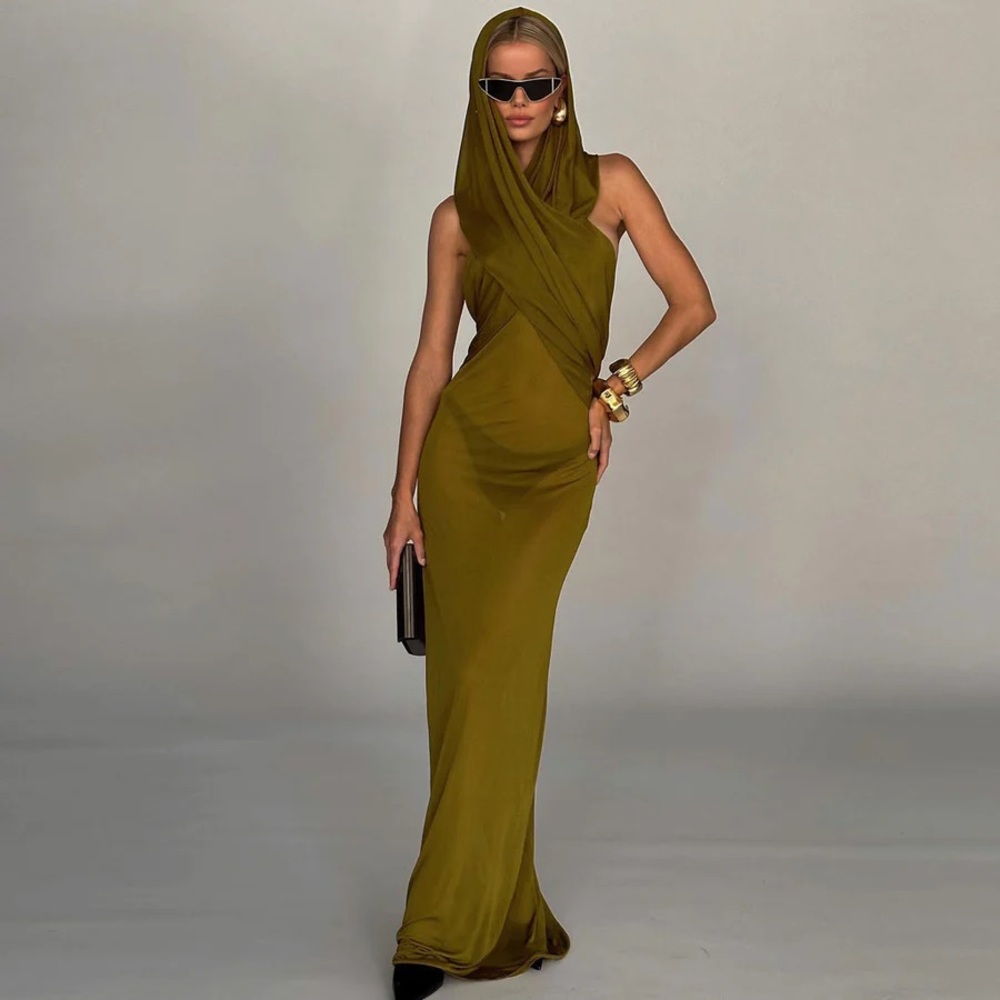 Slouchy Hooded Cross Over Open Back Sleeveless Maxi Sheer Mesh Dress NWOT